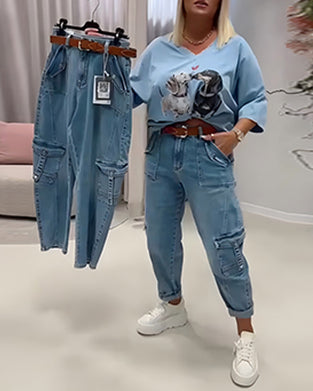 Jeans Hög Midja Cargo Stil
