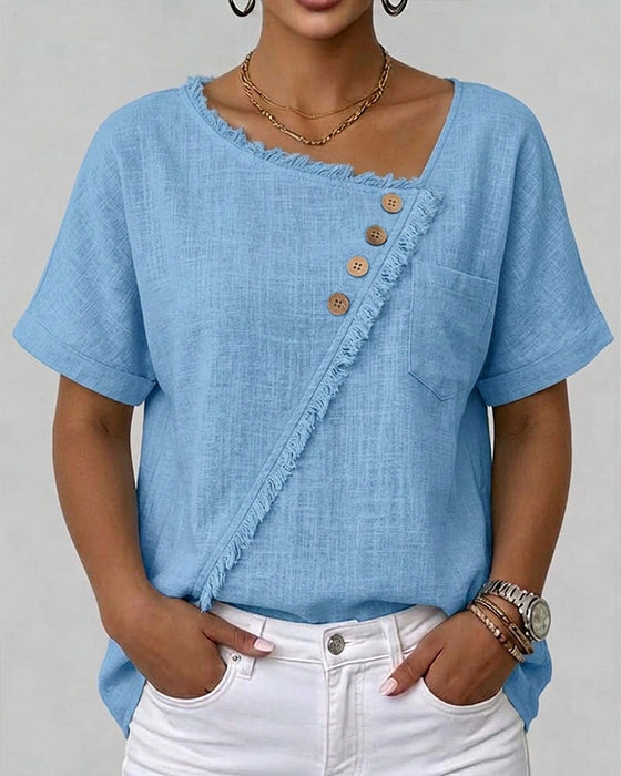 Blouse Rå Kant Snedsydd Knapp Kortärmad