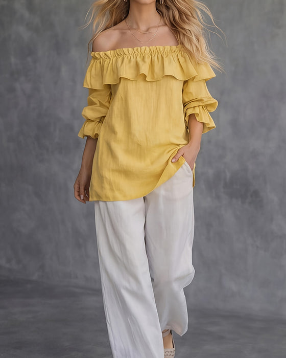 Blus Off-Shoulder Ruffle Solid Lös