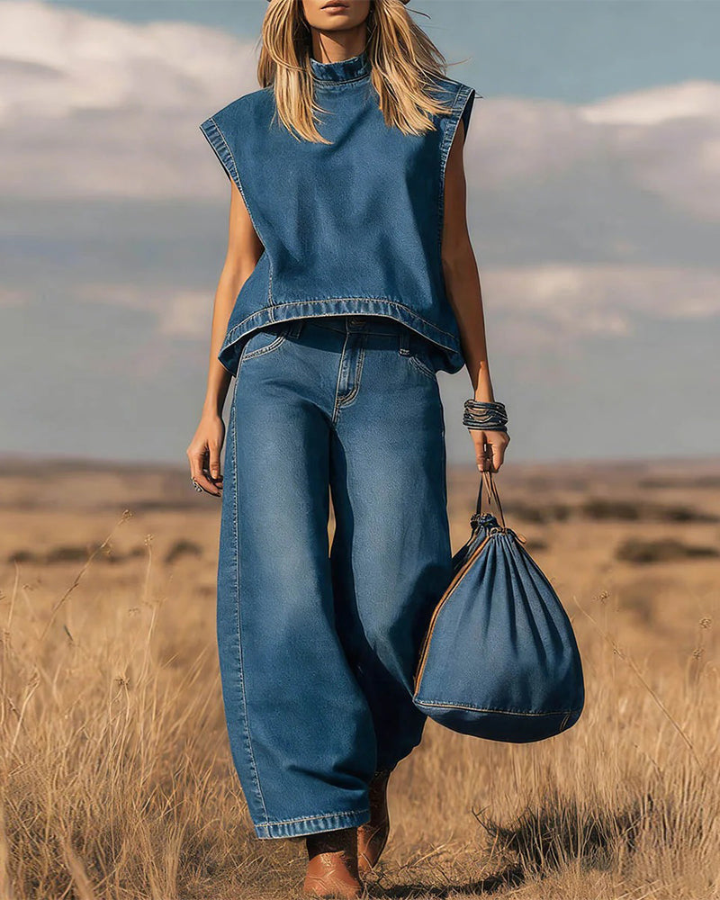 Set Med Ärmlösa Toppar Och Böjda Denimbyxor