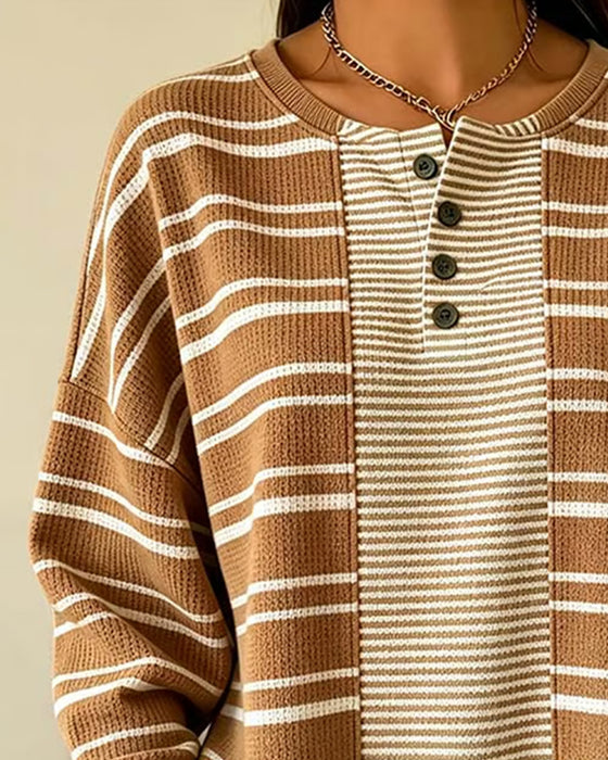 Sweatshirt Randig Patchwork Lång Ärm Henley