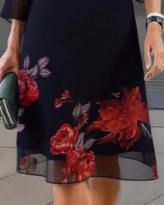 Klänning Rundhals Sheer Blommig Lös