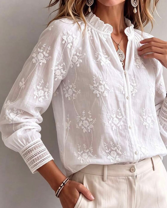 Blus Ruffle Kant Mandarin Krage