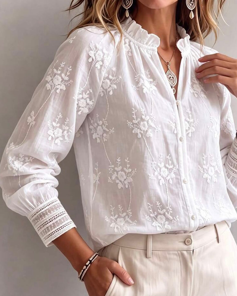 Blus Ruffle Kant Mandarin Krage