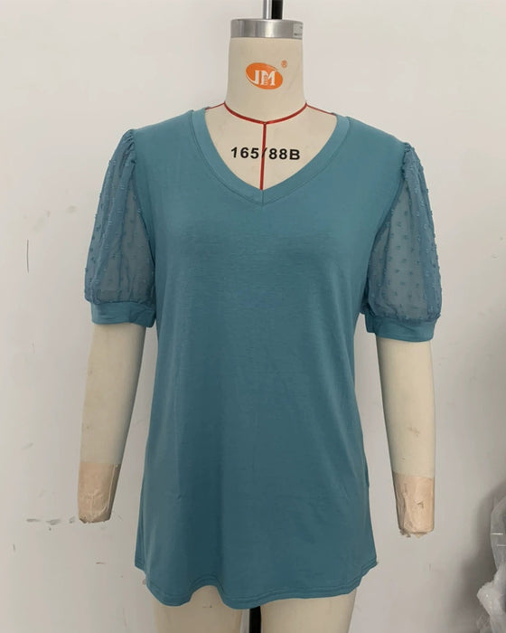 Blus Enfärgad Mesh Puffärm