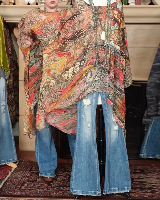 Blus Löst Fladdermusärm Tryck