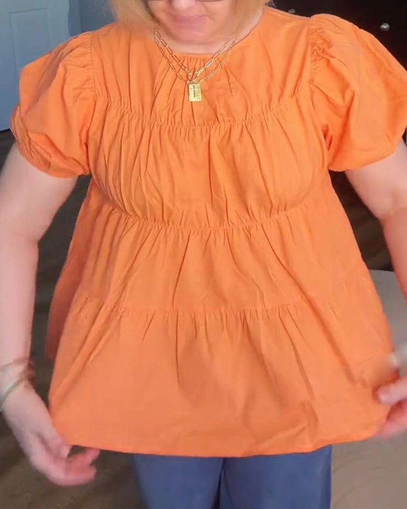 Blus Puffärm Loose-Fit Rynkad