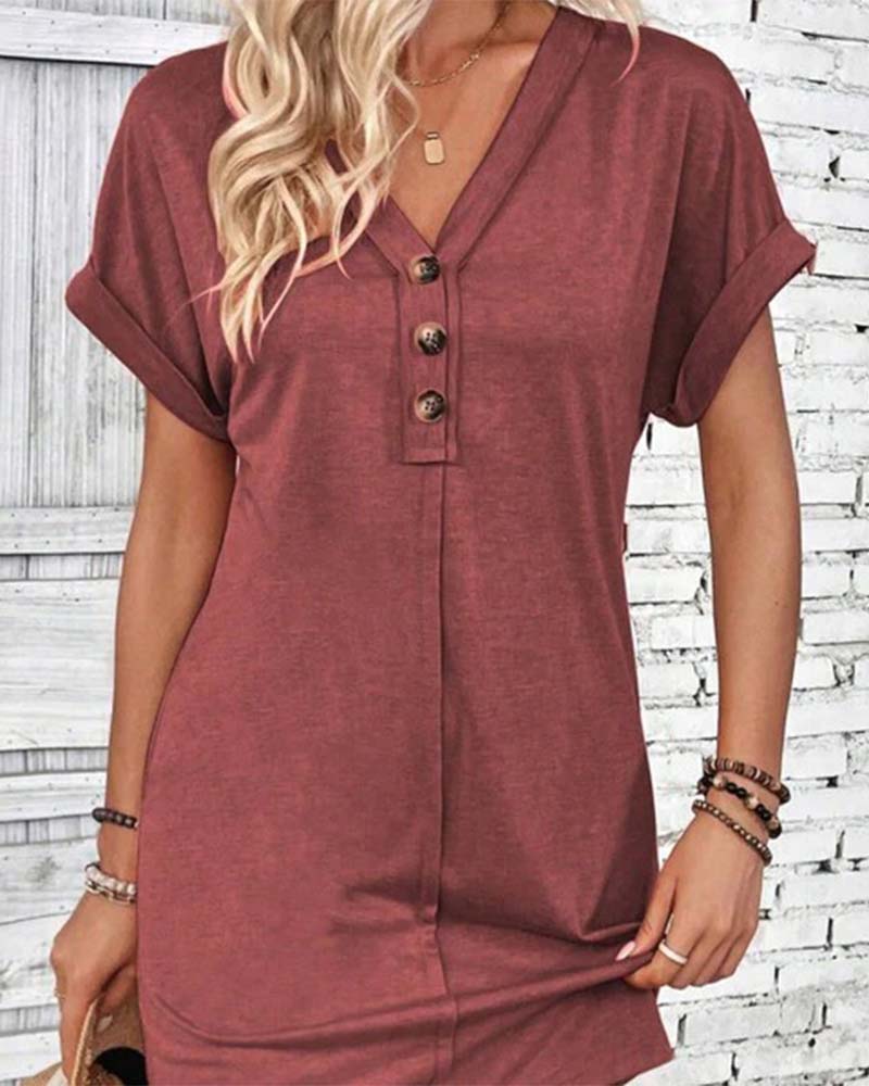 Klänning V-Ringning Knäppning Fram Solid Casual