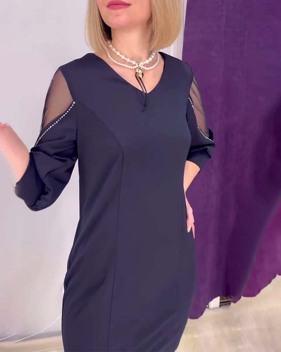 Klänning Halvärmad V-ringning Rhinestone Sömnad