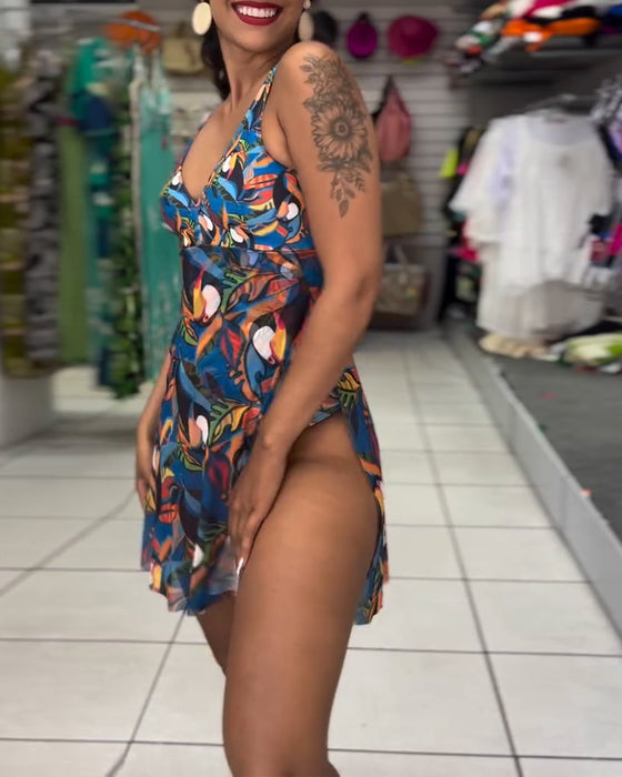 Baddräkt En-Del Färgglad Tryckt Slits Axelband