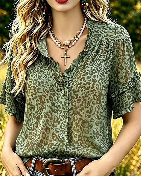 Blus Gröntons Leopard Tryck Ruffle