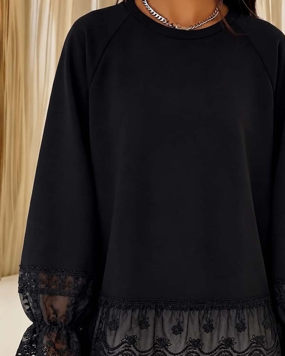 Blus Patchwork Lång Ärm Rundhalsad