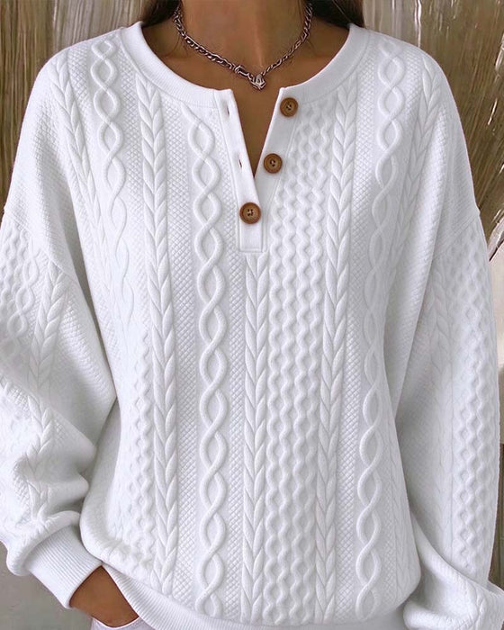 Sweatshirt V-Hals Knappad Fläta Enfärgad