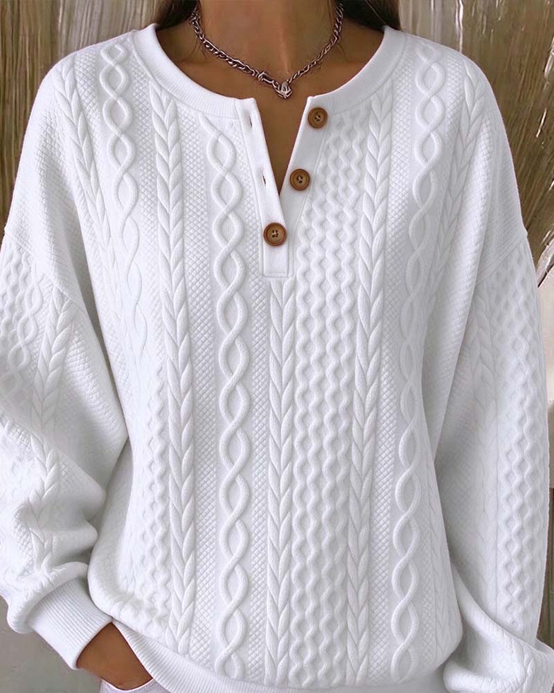 Sweatshirt V-Hals Knappad Fläta Enfärgad