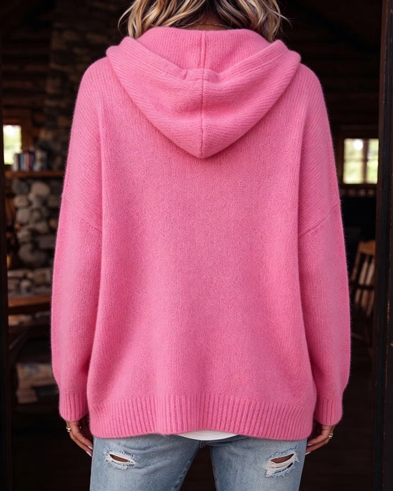 Cardigan Armbågslång Ärm Huvförsedd Enkelknäppt