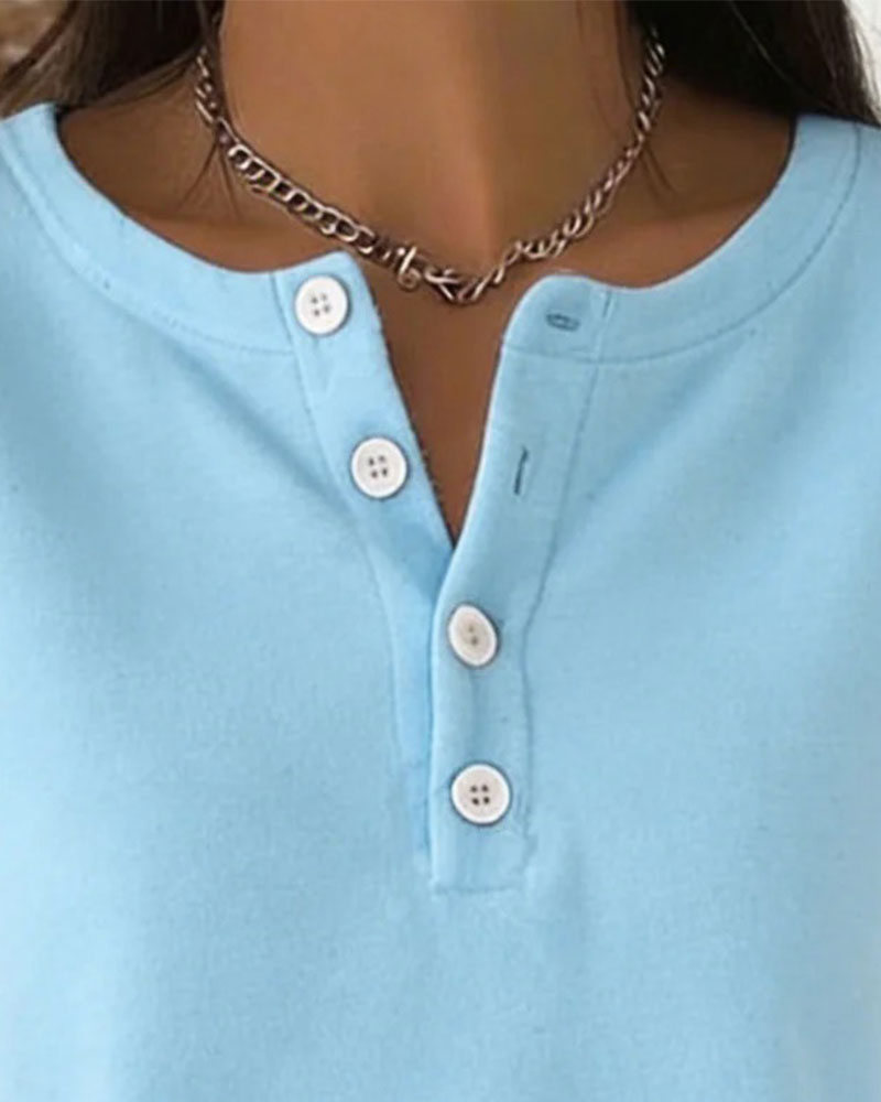 T-Shirt Henley Hals Kort Ärm Knapp