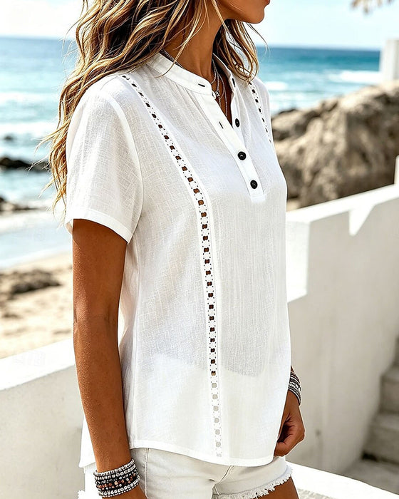 Blus V-Hals Hollow Out Solid