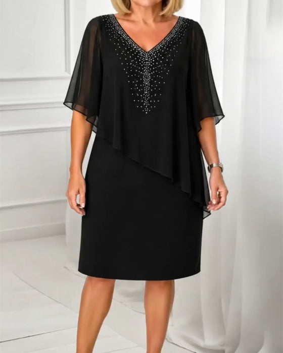 Klänning Casual V-Hals Rhinestone