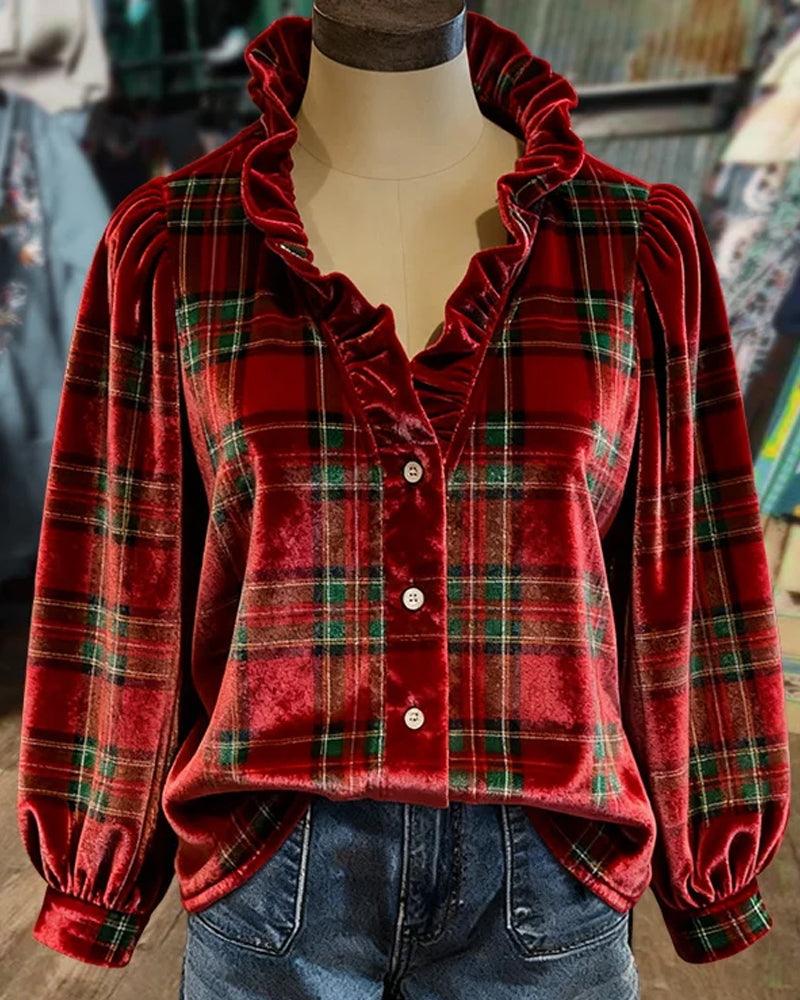 Top Med Volangerdetaljer, V-Krage Design Och Sammetstoff