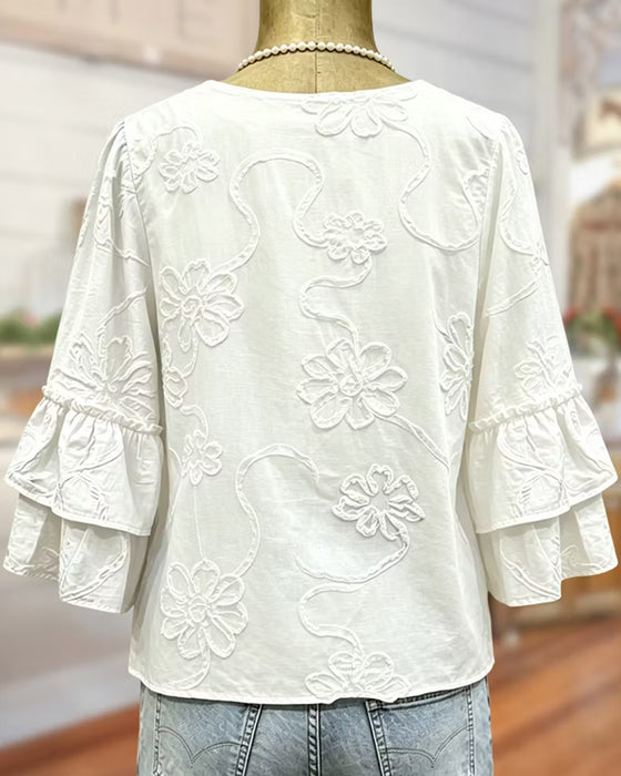 Blus Tredimensionell Präglad Blommig V-Hals Utsvängd Ärm