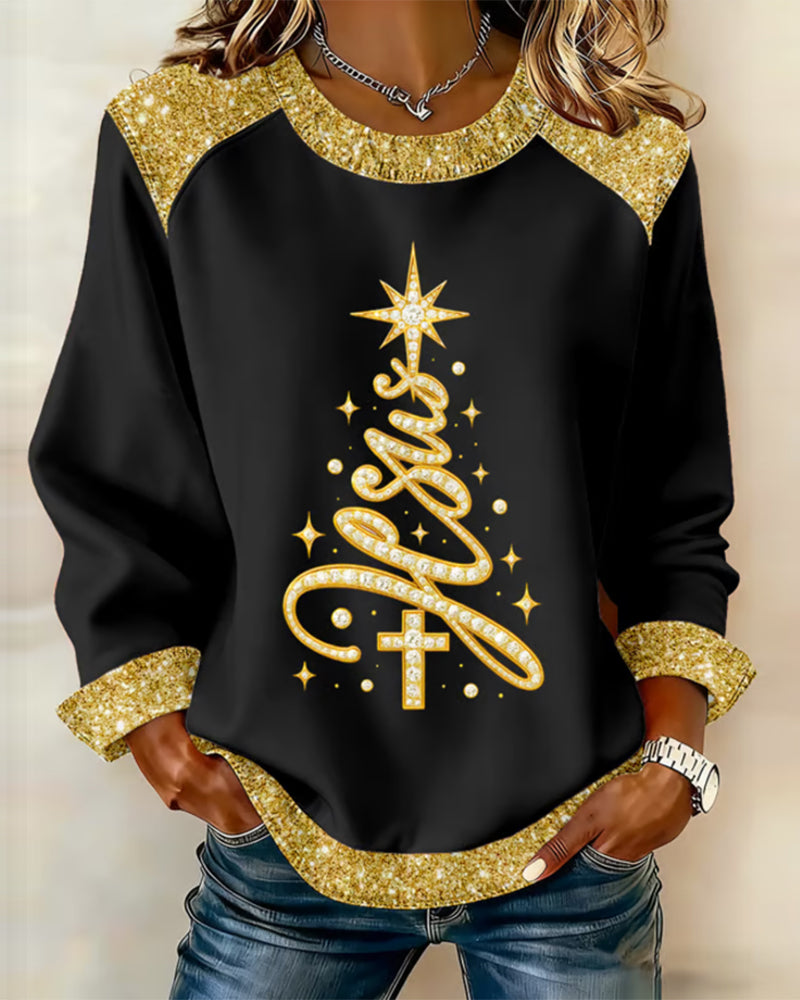 Tryckt Hoodie Med Julgran Och Rund Halsringning