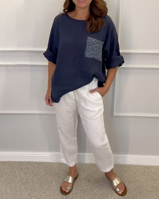 Panelad paljettficka topp med rund halsringning