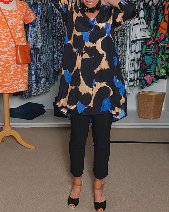 V-ringad avslappnad långärmad blus i kontrastfärg