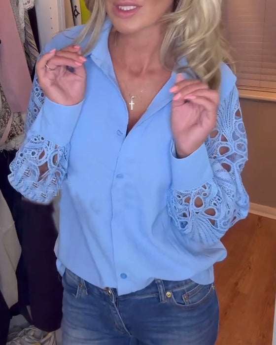 Lapel spetsärm enfärgad skjorta