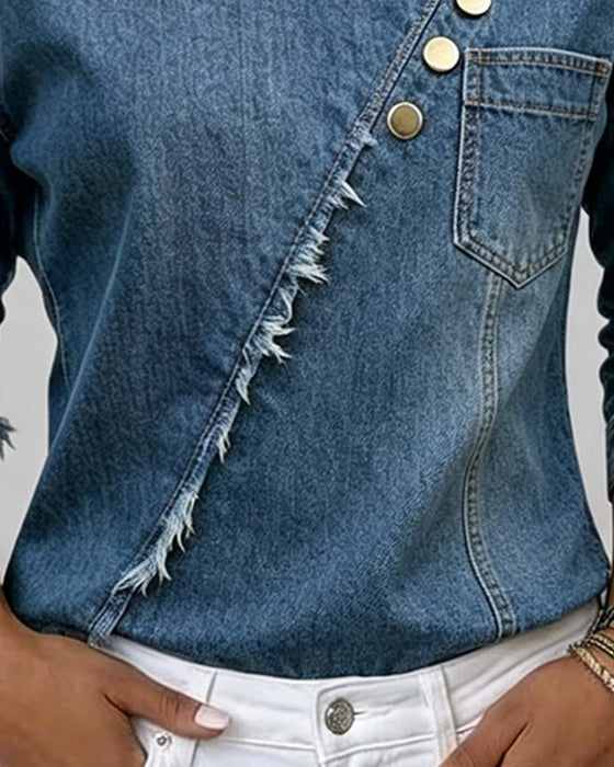 Blus Jeans Lutande Krage Långärmad