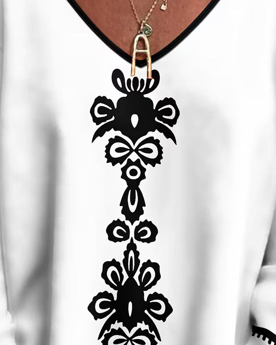 Färgblockad V-ringning Mönstrad Långärmad Topp