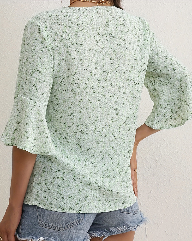 Blus V-Hals Floral Fjäril Ärm