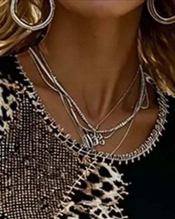 Blus Rundhals Leopard Tryck Kontrast Kort Ärm