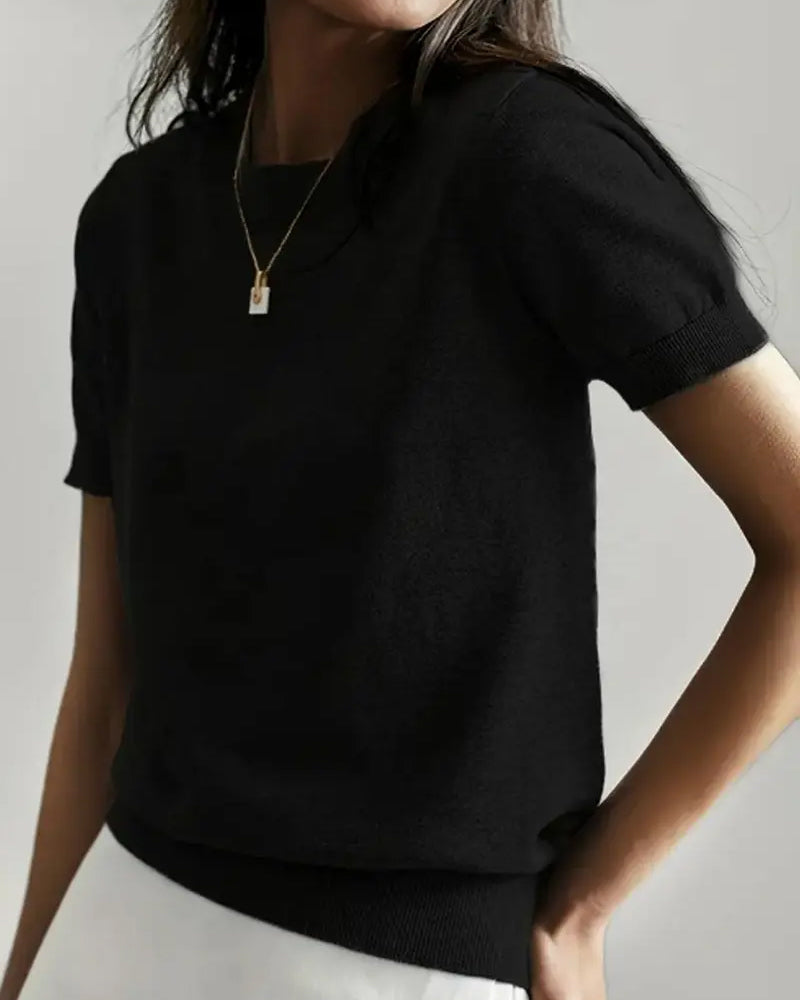 Pullover Rund Halsringning Kort Ärm Tunn Stickning