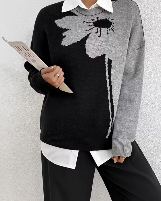 Pullover Färgblock Stor Blommig Jacquard Runda Halsen