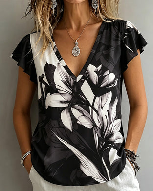 Blus Liljetryck V-Ringad Volang