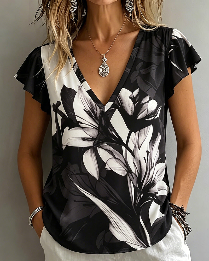 Blus Liljetryck V-Ringad Volang