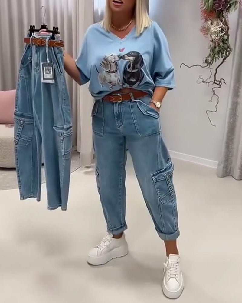 Jeans Hög Midja Cargo Stil
