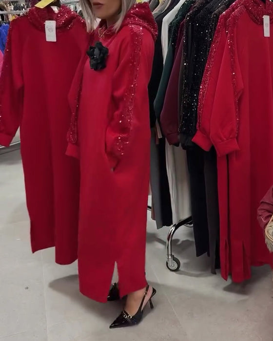 Klänning Med Huva Glitter Broderi Lång