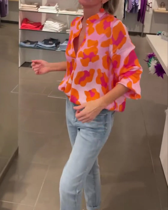 Tryckt V-ringad lanternanärm avslappnad topp