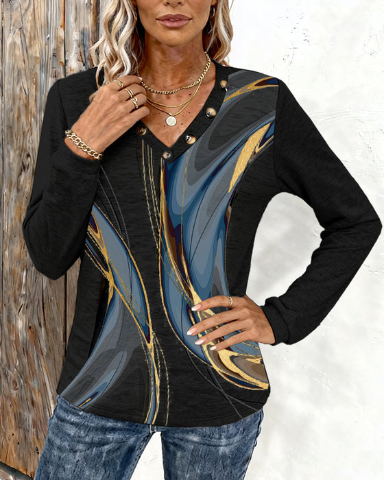 Tryckt Casual Topp Med V-Ringning Och Långa Ärmar