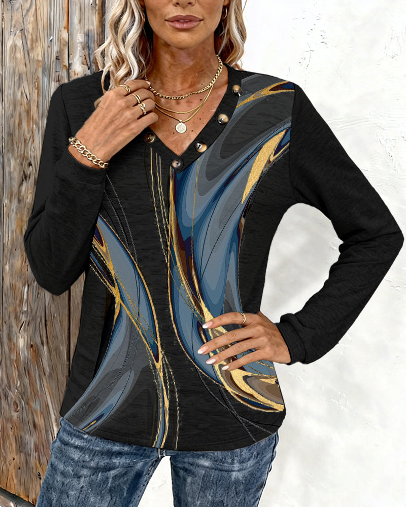 Tryckt Casual Topp Med V-Ringning Och Långa Ärmar