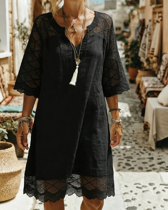 Klänning V-ringning Spets Patchwork Casual