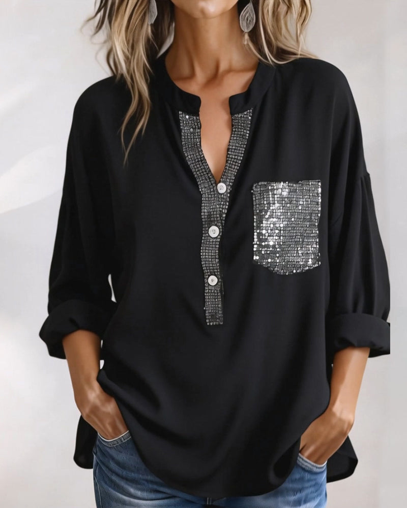 Casual Topp Paljett Patchwork Lös