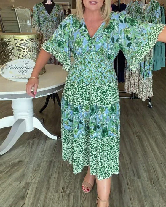 Klänning V-Ringning Lotuskärm Blommig