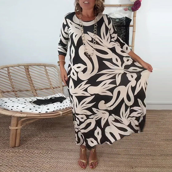 Klänning Med Rund Hals Och Långa Ärmar Med Tryck