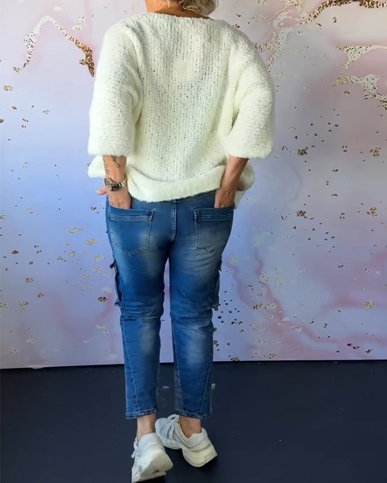 V-ringad enfärgad casual tröja