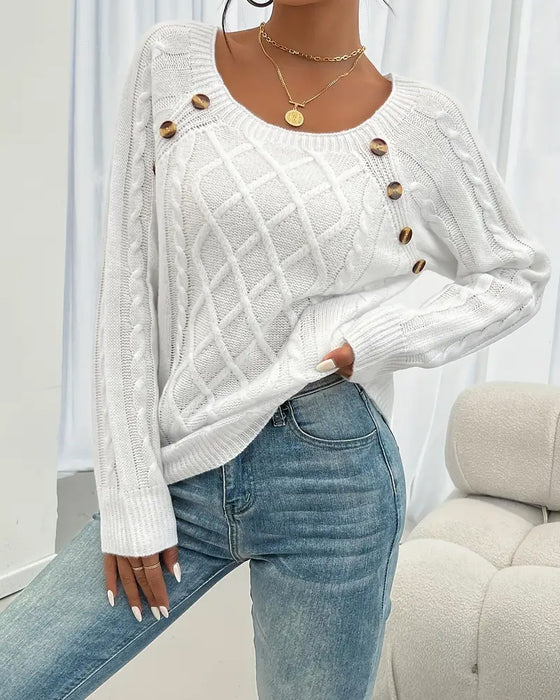 Tröja Enfärgad Raglanärm Spänne Kablestickning