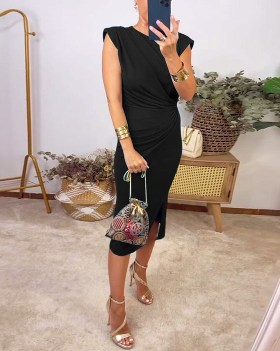 Ärmlös veckad slits enfärgad klänning