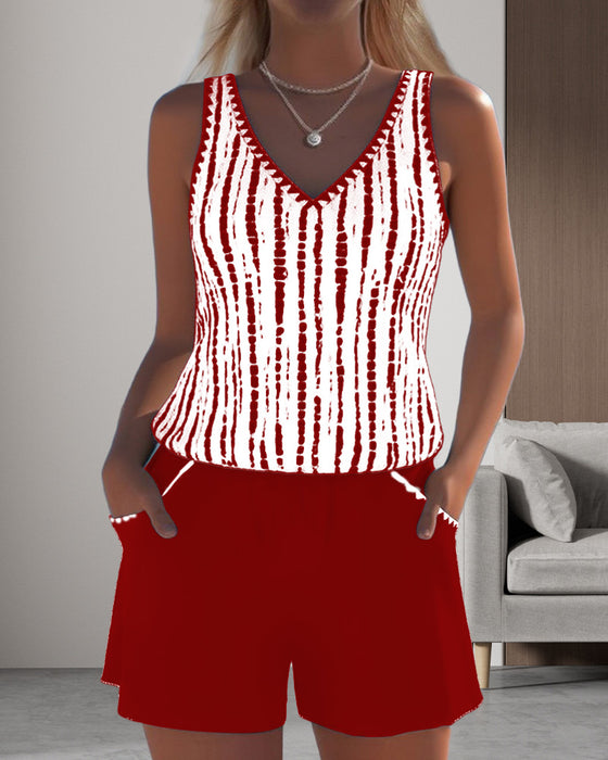 Baddräkt med tryck, fickor och v-ringning i två delar