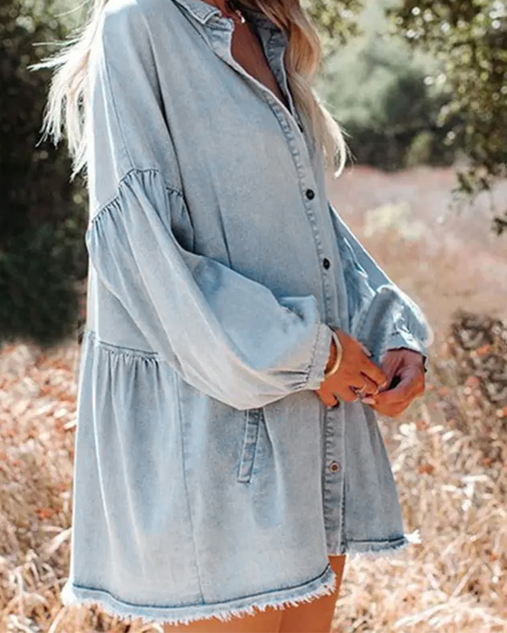 Blus Bubbel Ärm Knapp Casual